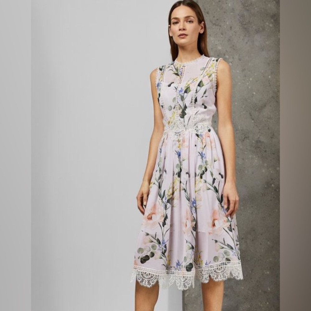 Ted Baker Pale Pink Floral Midi Dress with Lace Trim